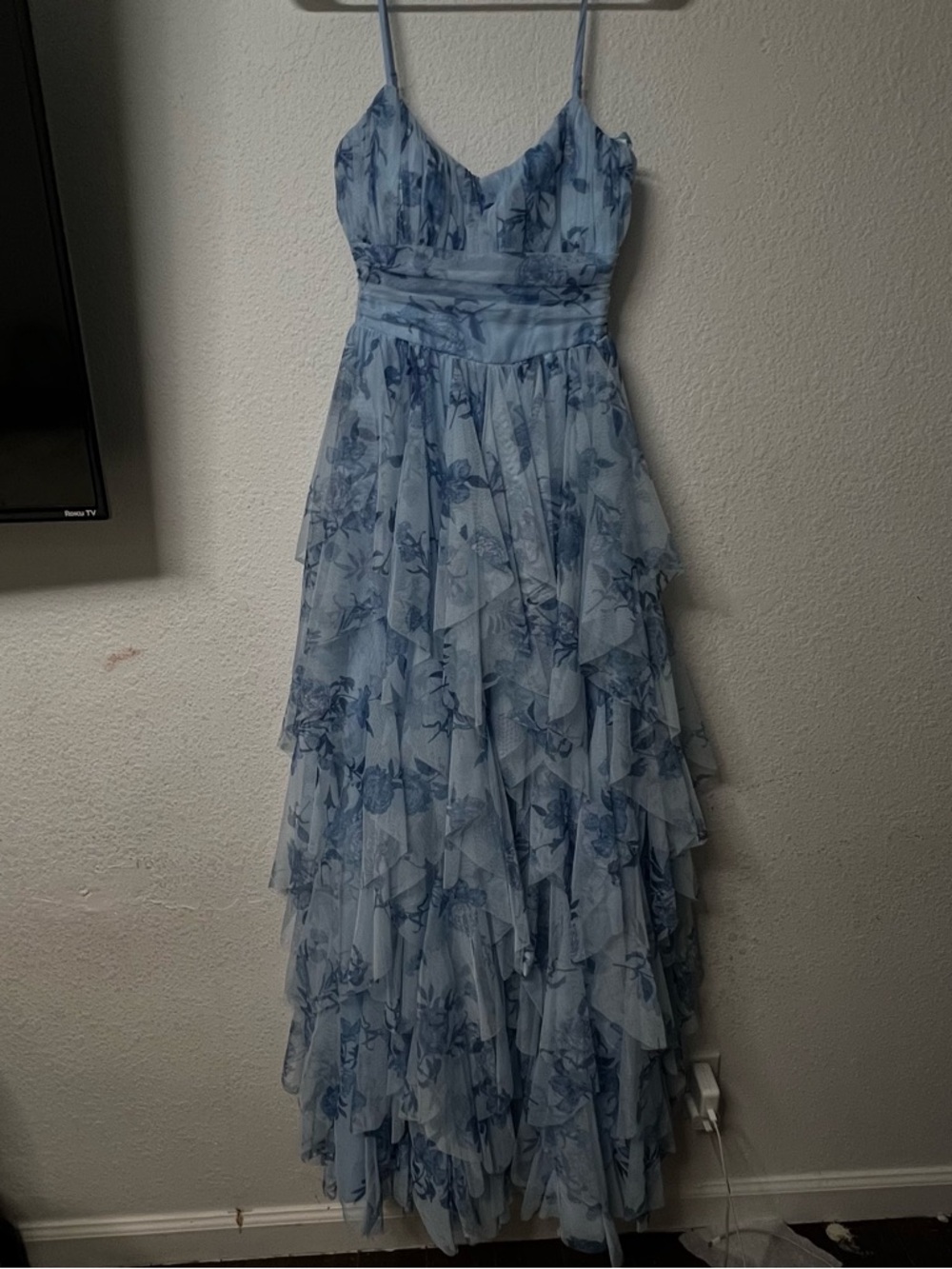 B Darlin Blue Floral Tiered Ruffle Chiffon Maxi Dress